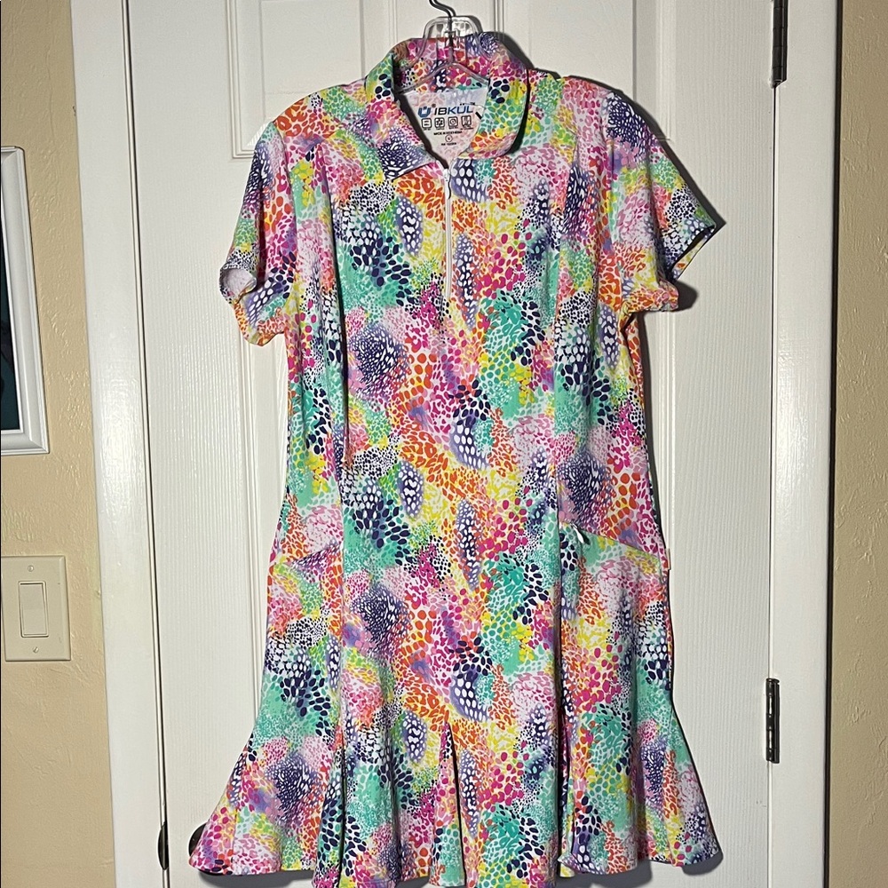 IBKUL Lessie white multi color golf tennis pickleball dress zip neck ruffle LG